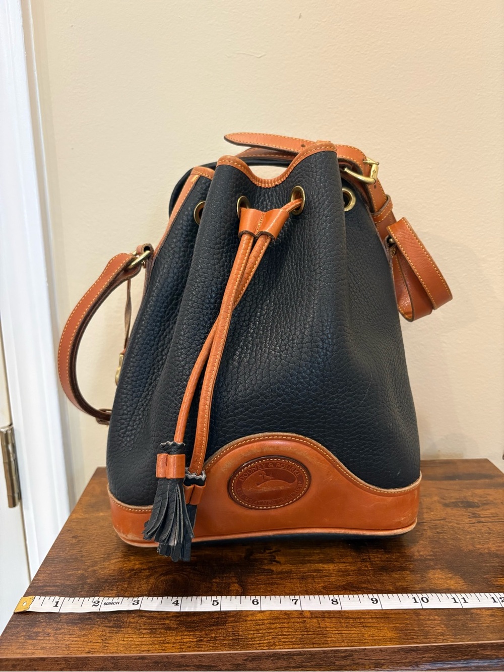 Vintage Dooney & Bourke Black and Brown Leather Drawstring Bucket Bag